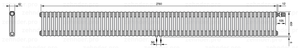 Схема (чертеж) Радиатор Zehnder Charleston 2040/60 №V008 Белый глянцевый RAL 9016